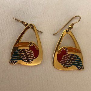 Laurel Burch Vintage Art Deco Toucan Drop Earrings, gold / multicolor